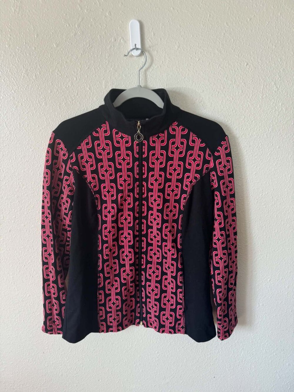 Susan Graver Black & Red Geometric Zip‑Up Jacket – Size Small - EUC